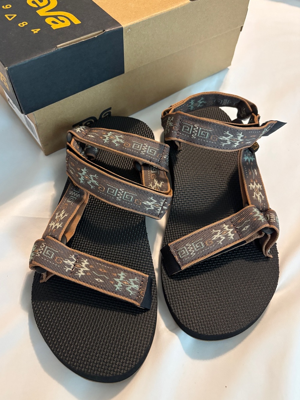 Teva Men's Brown Patterned Strap Sandals with Black Footbed